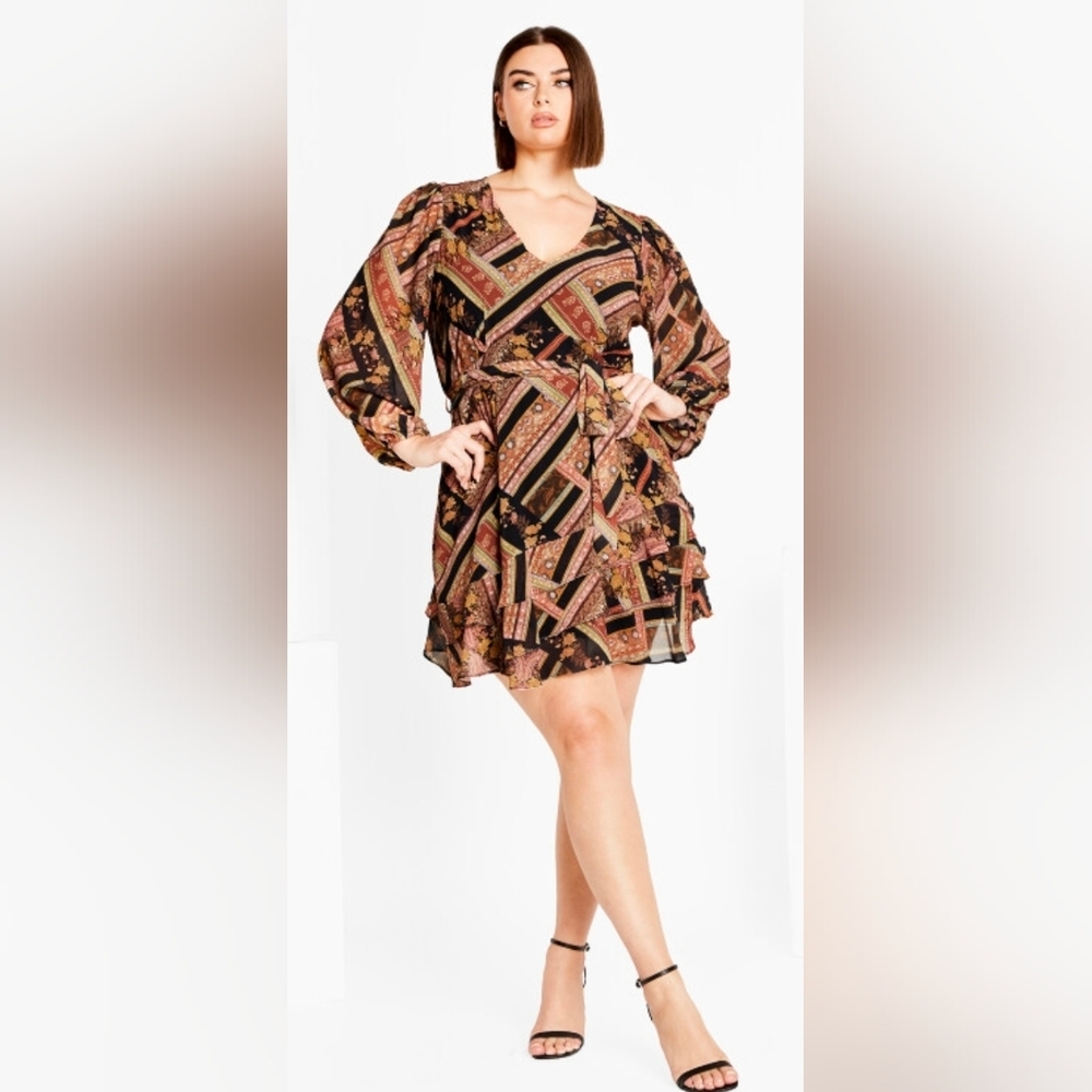 City Chic Black Multi-Patterned Long Sleeve Mini Dress